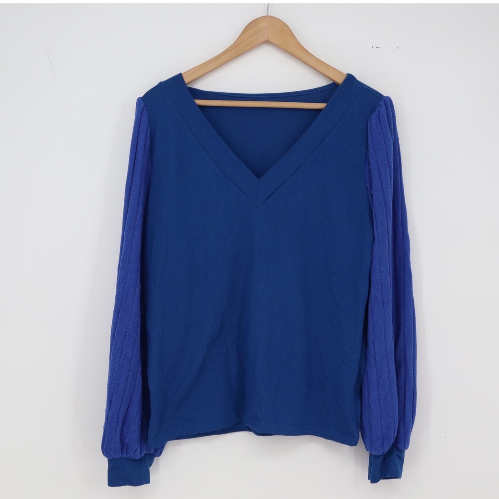 Unbranded Top Womens L Blue Textured Puff Sleeve V-Neck Excellent
